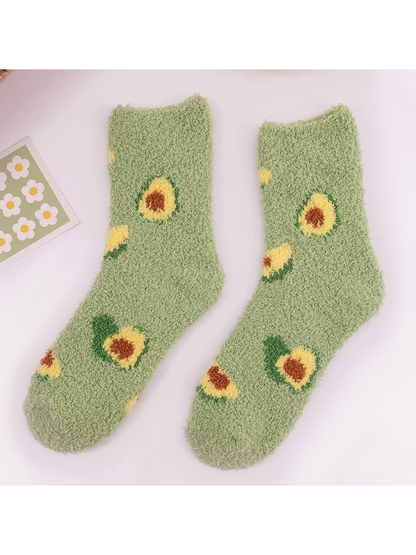 Sage green fuzzy avocado crew socks, full pair
