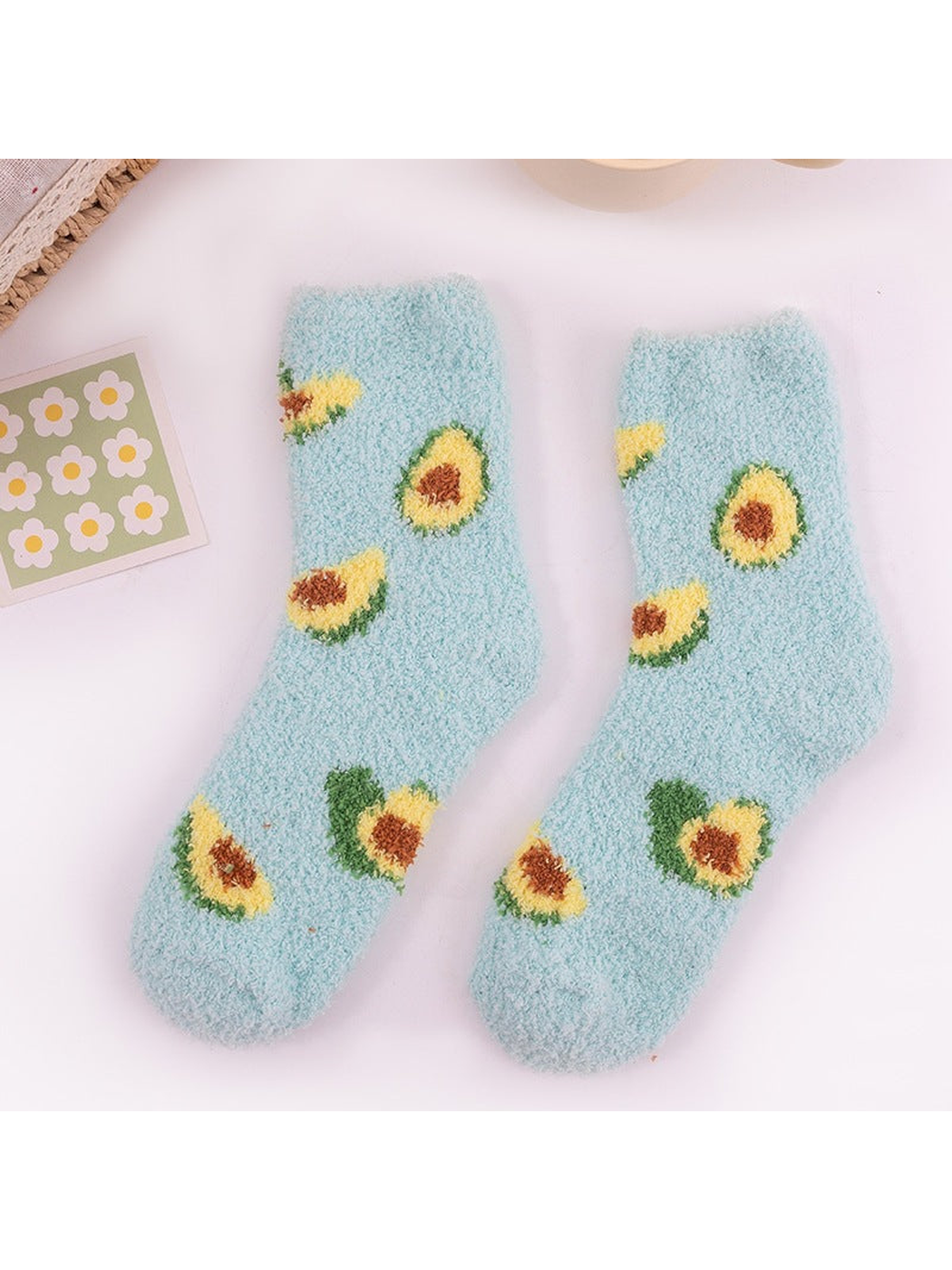 Light blue fuzzy avocado crew socks, full pair