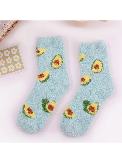 Light blue fuzzy avocado crew socks, full pair