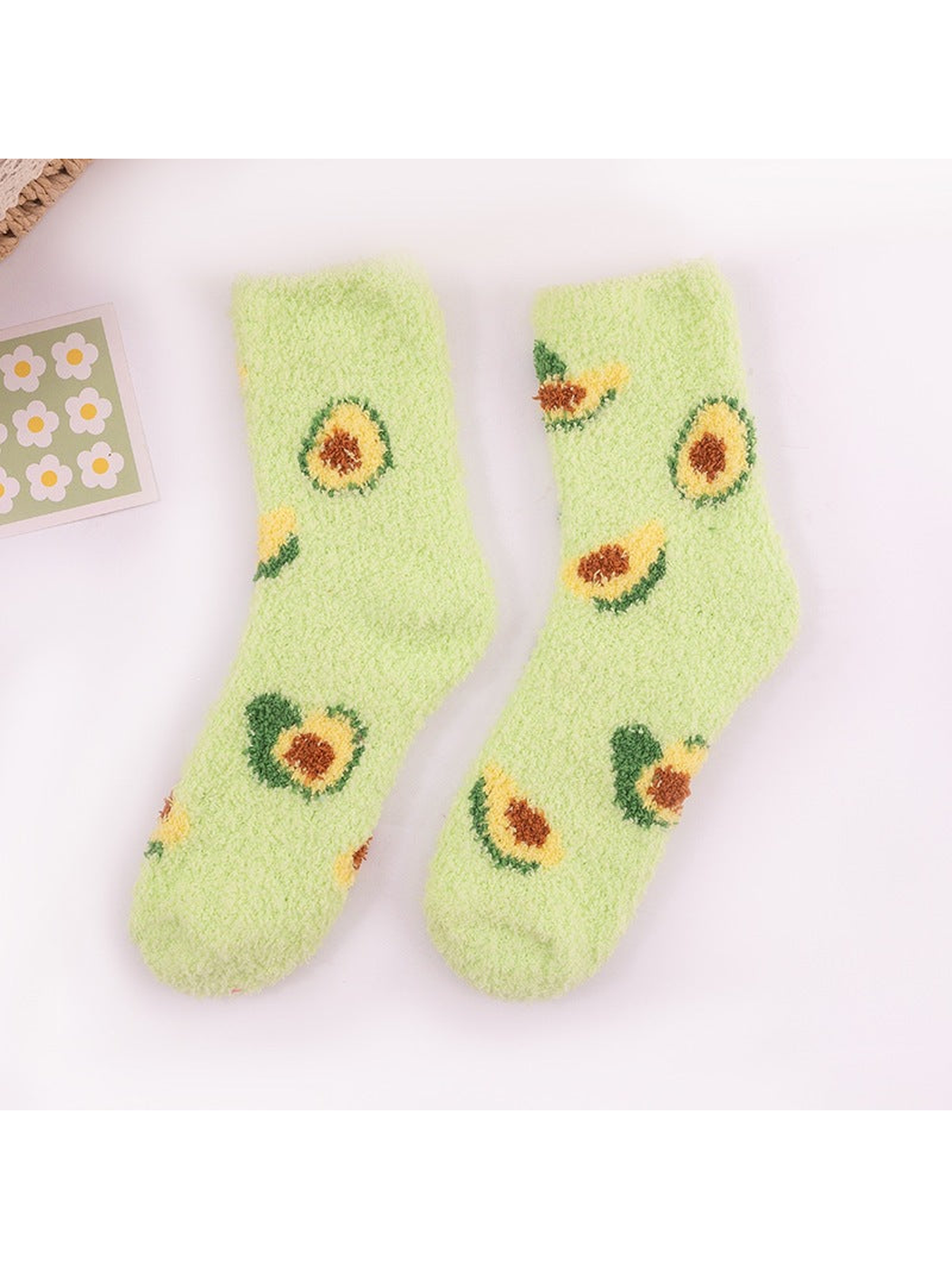 Pale lime green fuzzy avocado crew socks, full pair