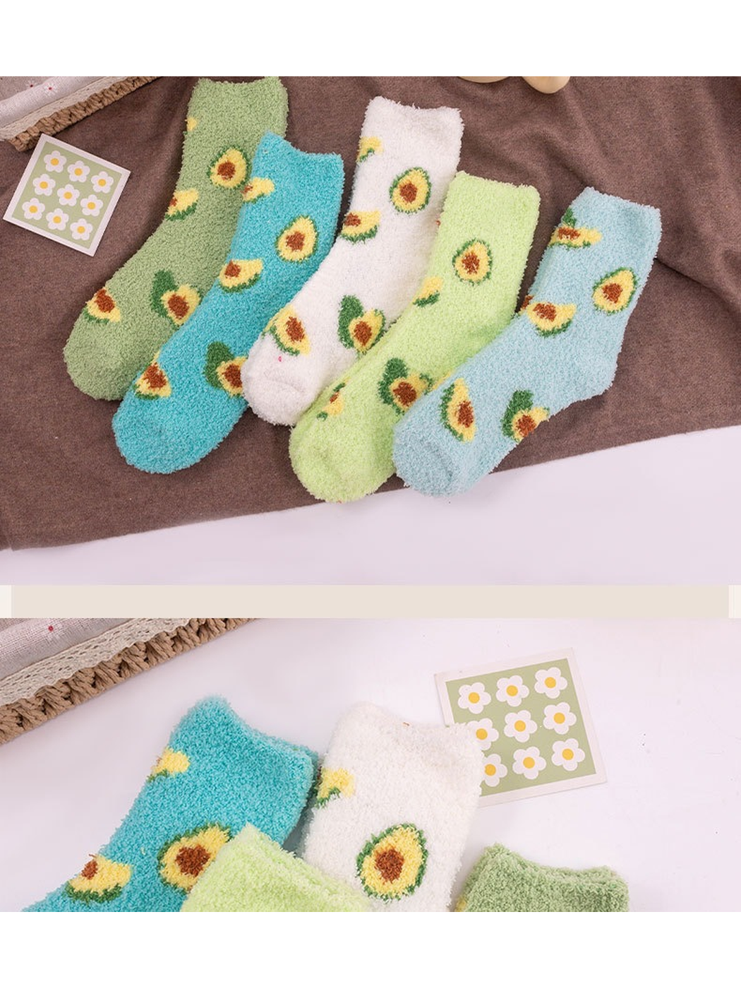 Five colors of fuzzy avocado crew socks displayed together