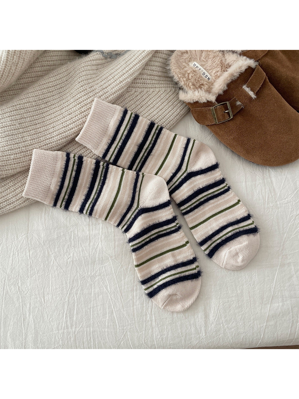 Ivory crew socks with navy and olive stripes