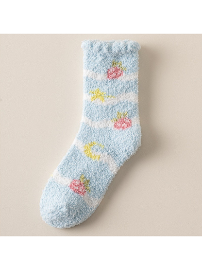 Light blue fuzzy crew sock with white stripes and celestial and strawberry motifs