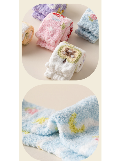 Close-up of folded fuzzy crew socks and their dense looped texture
