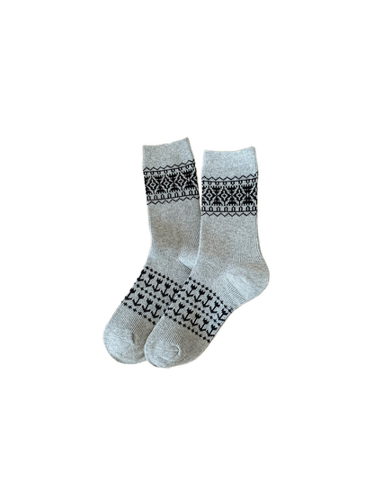 Light gray crew socks with contrasting black geometric bands