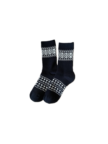 Black crew socks with contrasting geometric bands