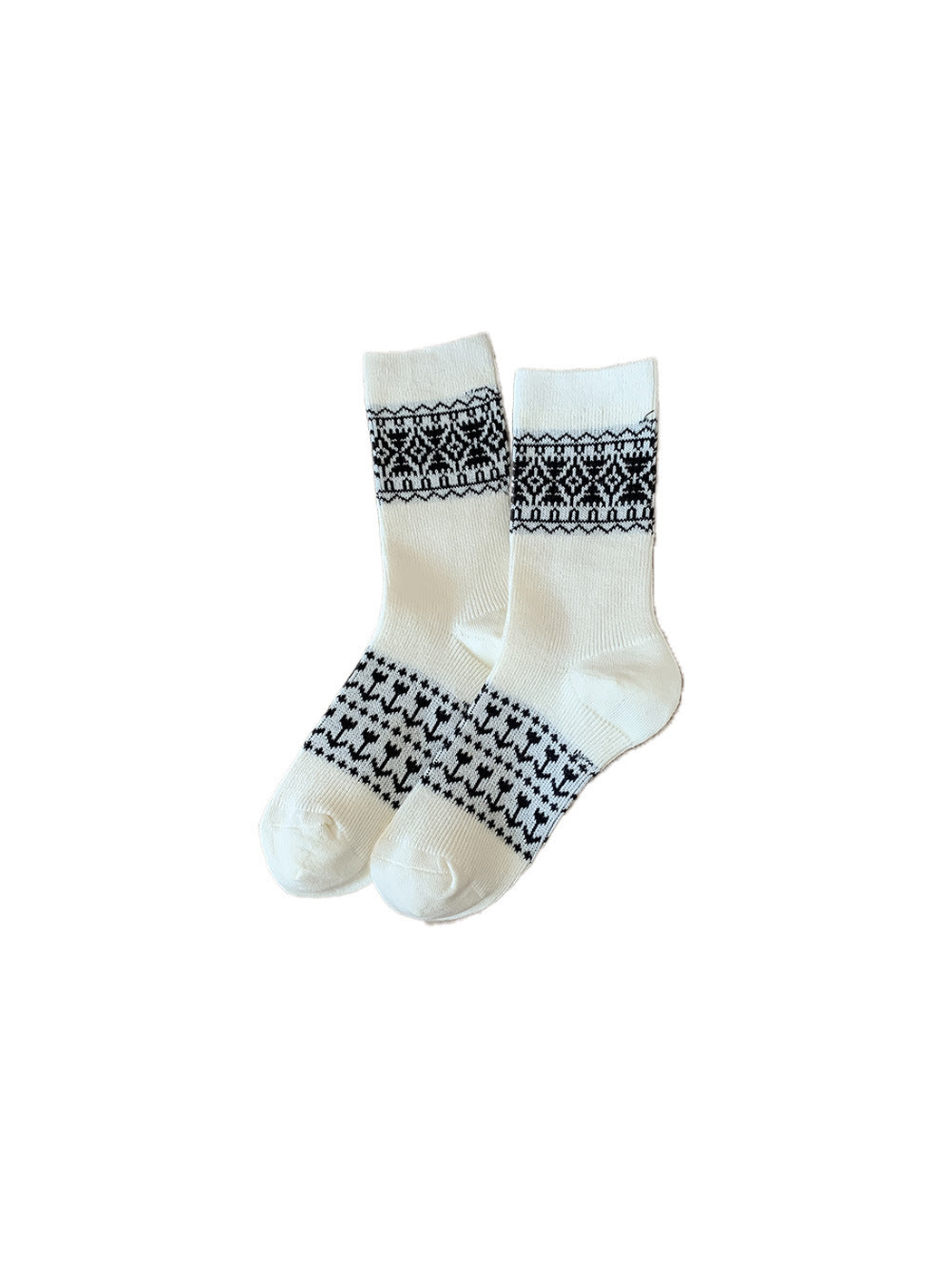 Ivory crew socks with contrasting black geometric bands
