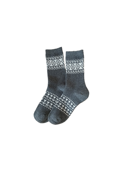Dark gray crew socks with contrasting white geometric bands