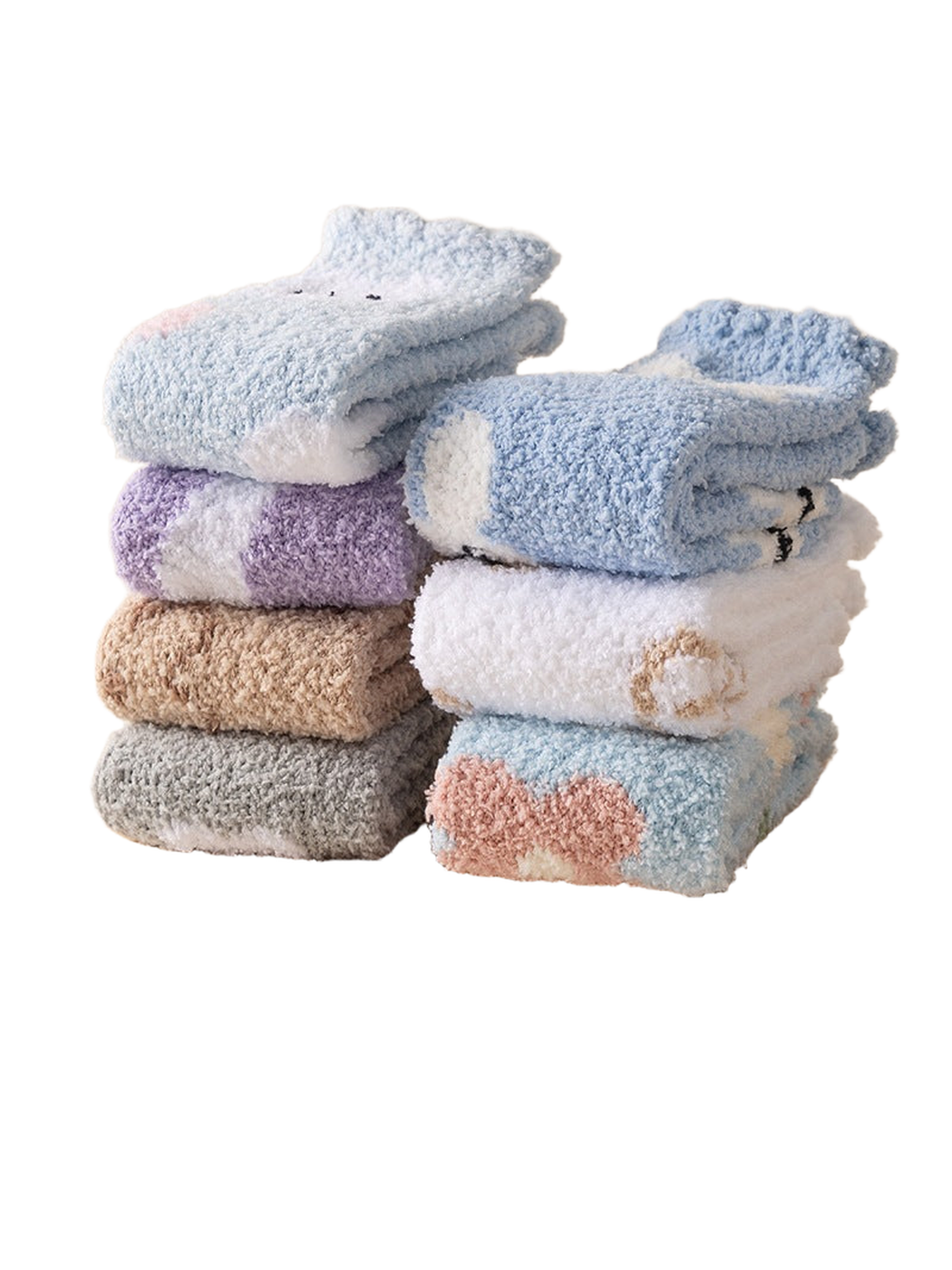 Assorted fuzzy crew socks folded in two stacks