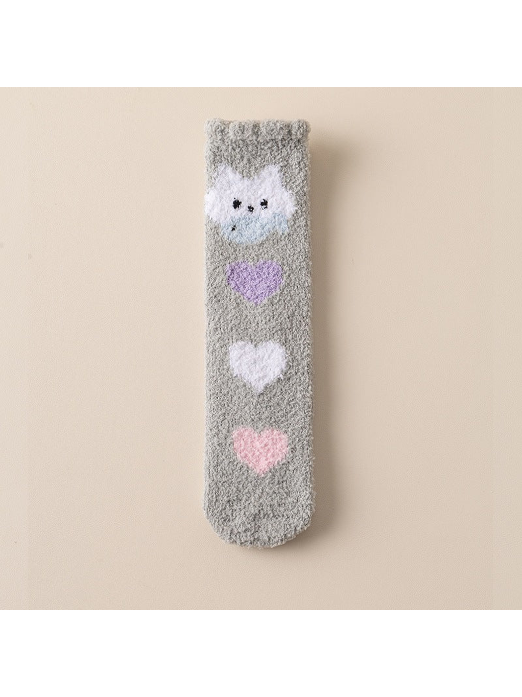 Gray fuzzy crew sock with cat and pastel heart motifs
