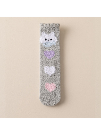 Gray fuzzy crew sock with cat and pastel heart motifs
