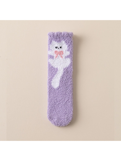 Light purple fuzzy crew sock with white cat and pink bow motif
