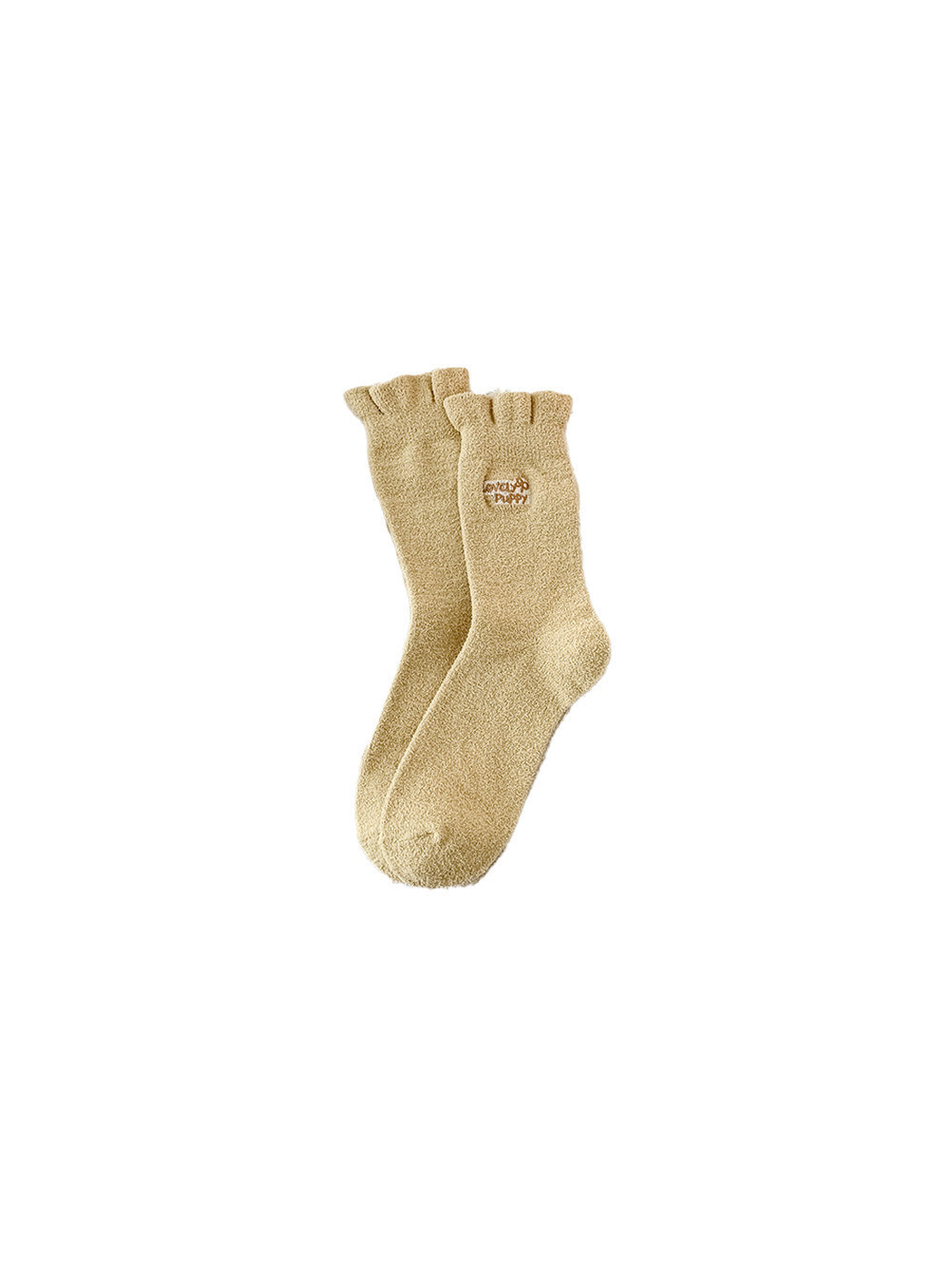 Mustard yellow fuzzy crew socks with an embroidered puppy motif