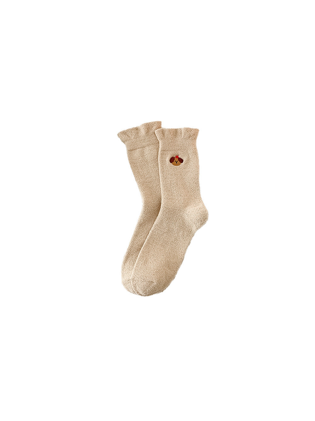 Beige fuzzy crew socks with an embroidered dog motif and red accent