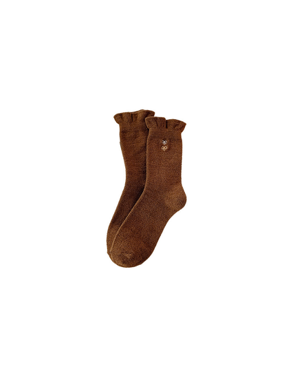 Coffee brown fuzzy crew socks with embroidered bow motifs