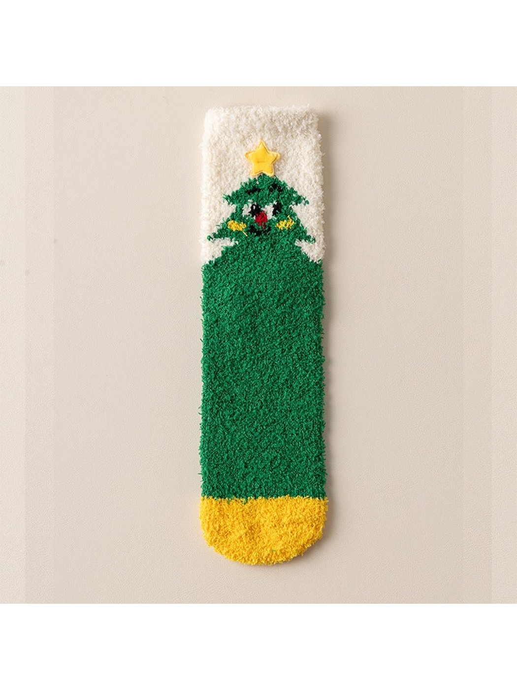 Fuzzy green crew sock with Christmas tree motif and yellow toe
