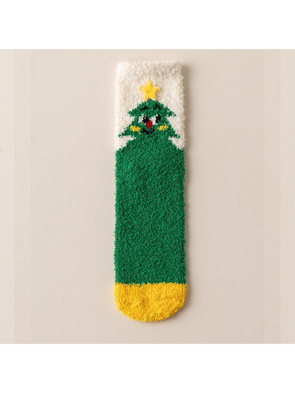 Fuzzy green crew sock with Christmas tree motif and yellow toe