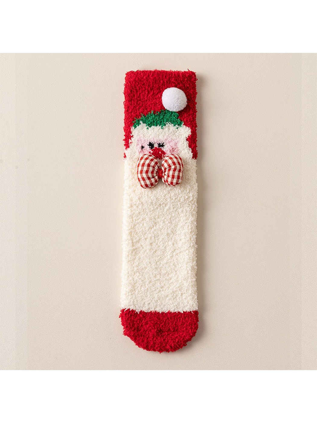 Fuzzy cream crew sock with Santa motif, checked bow and red trim