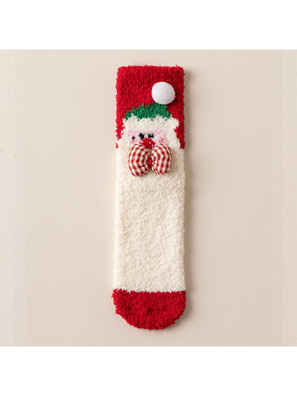 Fuzzy cream crew sock with Santa motif, checked bow and red trim