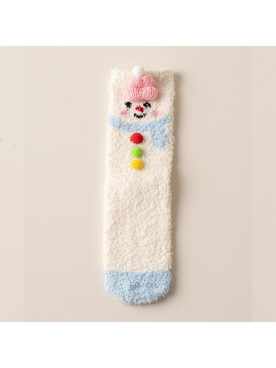 Fuzzy cream crew sock with snowman motif and blue trim