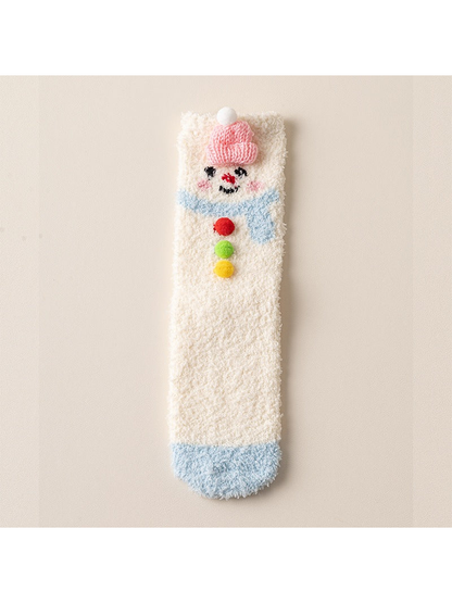 Fuzzy cream crew sock with snowman motif and blue trim