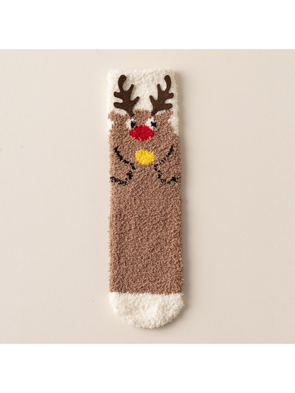Fuzzy brown crew sock with reindeer motif and cream trim