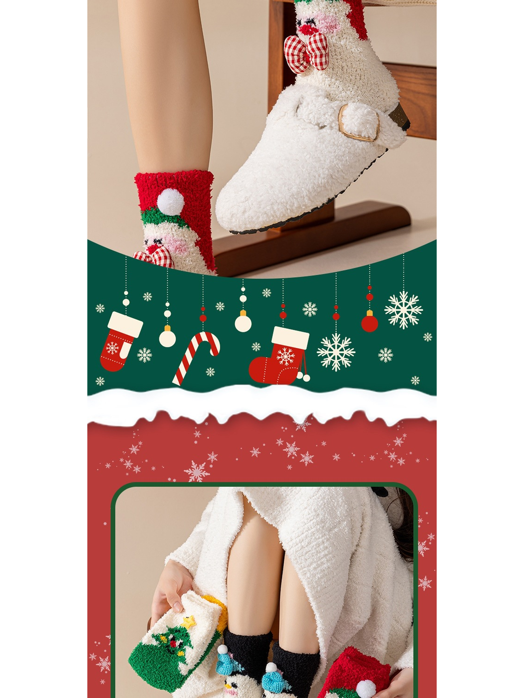 Santa-motif crew socks worn with white fuzzy slippers