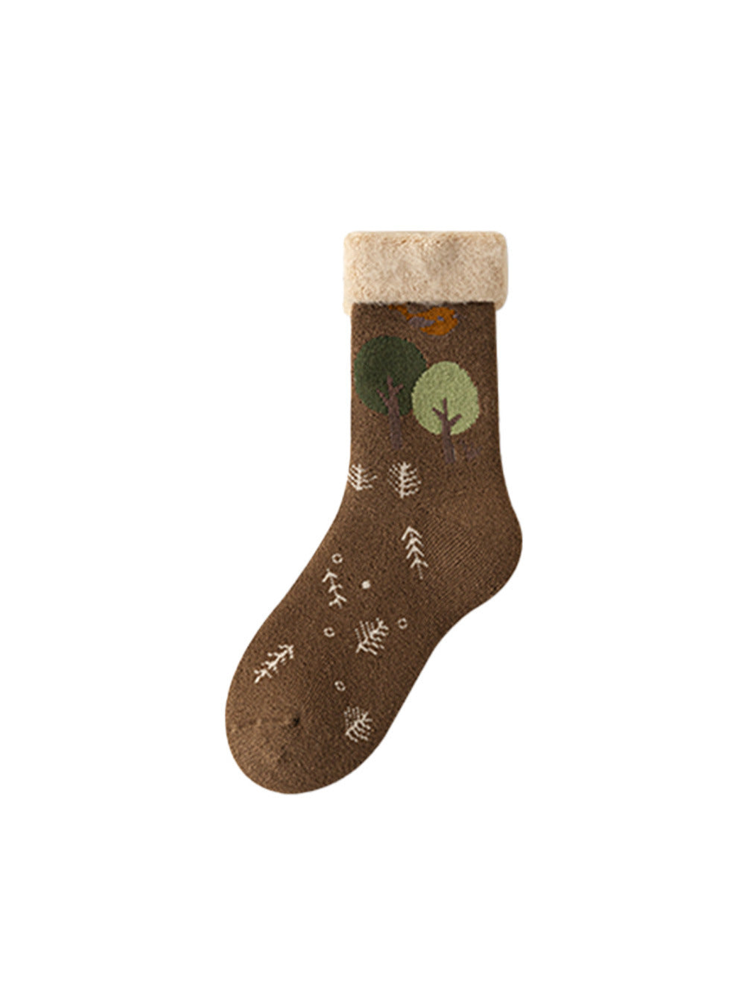 Brown crew sock with tree motifs, scattered sprigs, and a beige cuff