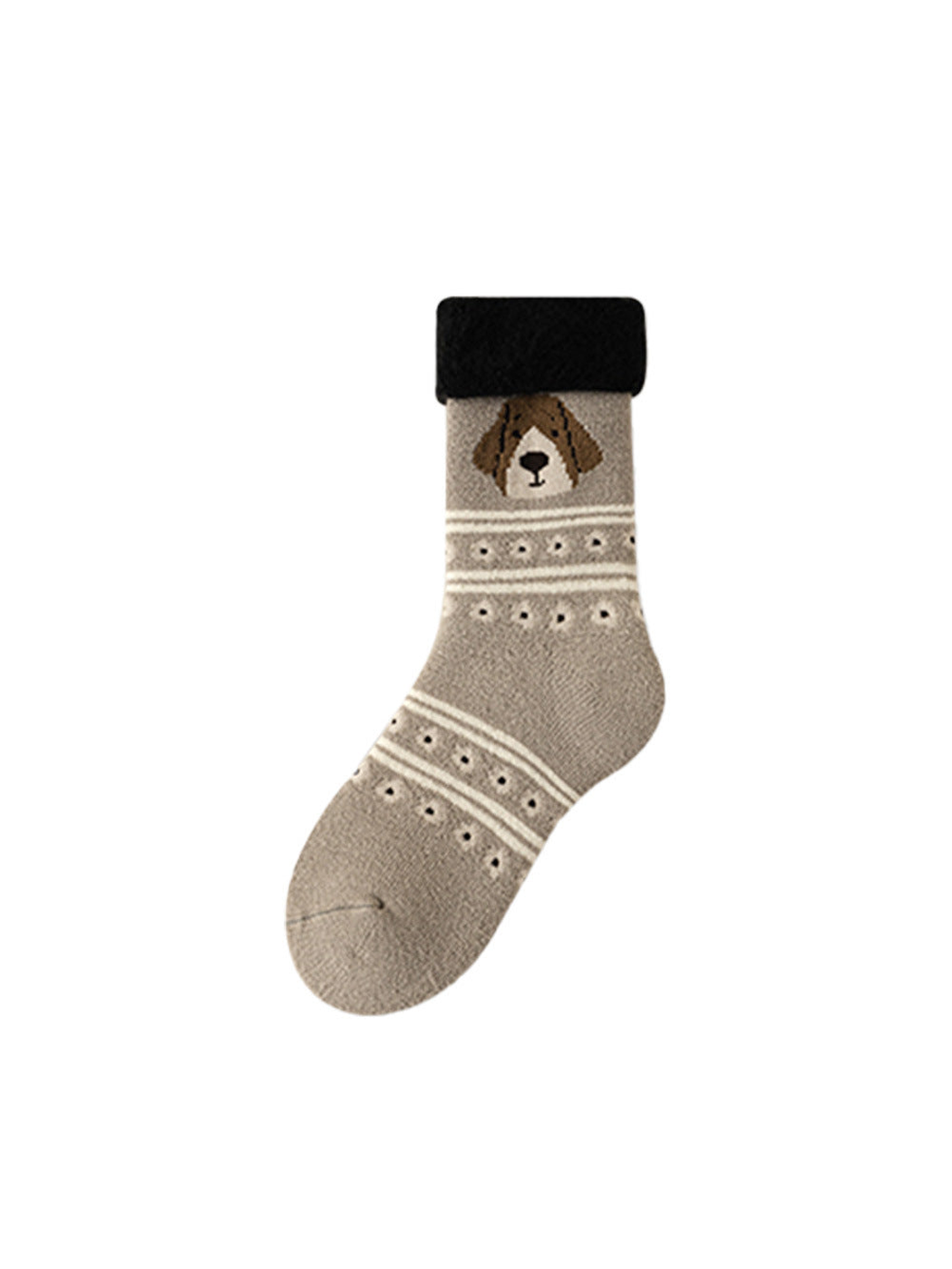 Gray crew sock with a dog motif, dotted stripes, and a black cuff