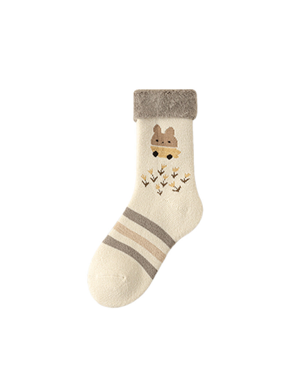 Ivory crew sock with a rabbit motif, small sprigs, and gray and beige stripes