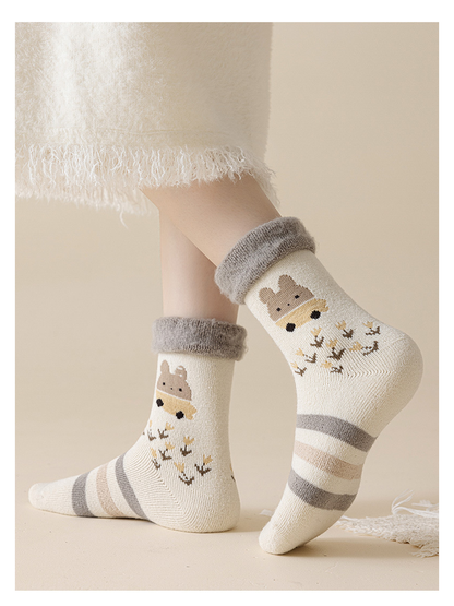 Ivory rabbit-pattern crew socks worn with one foot raised