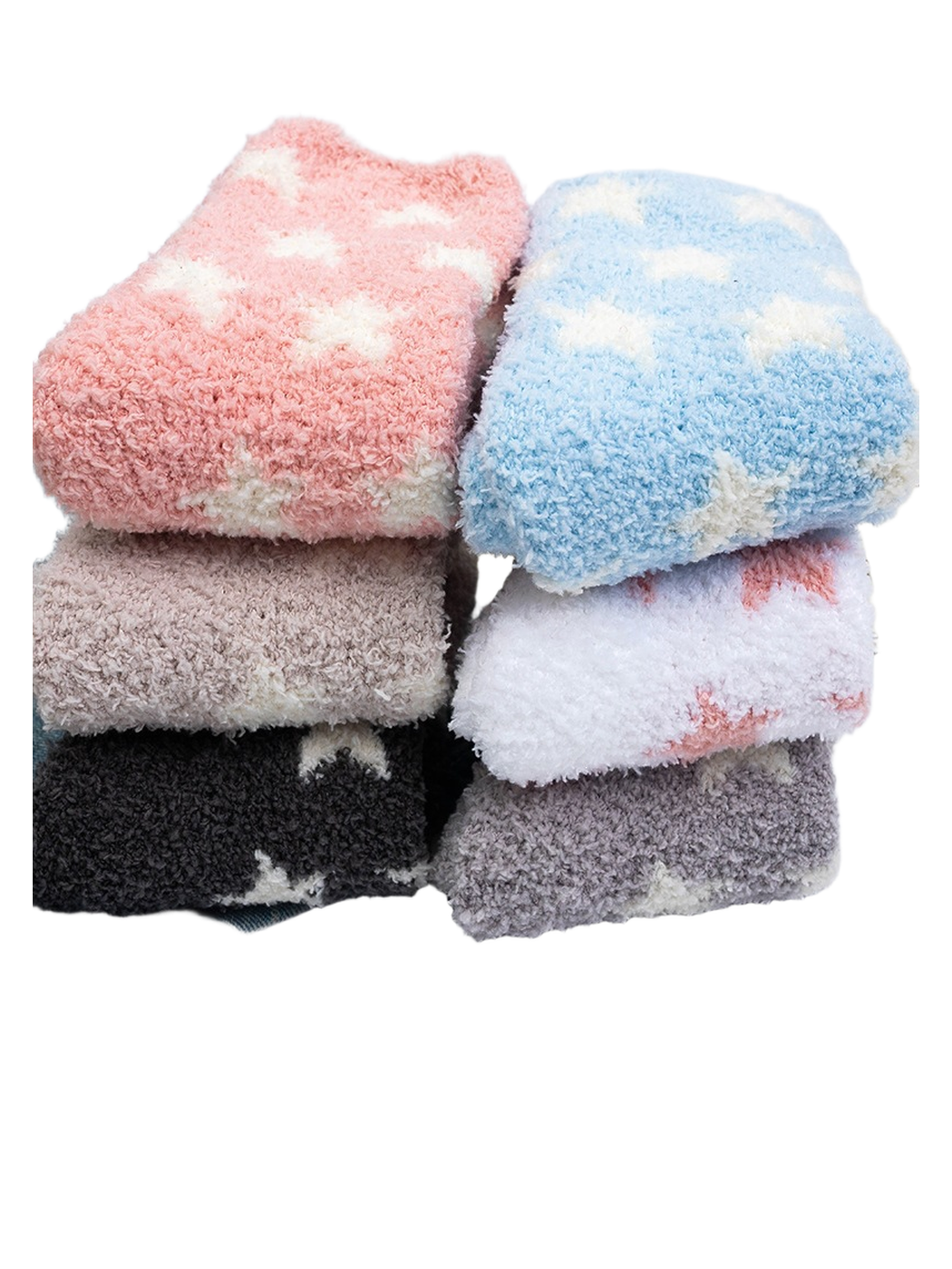 Folded fuzzy star-pattern socks displayed in six colors