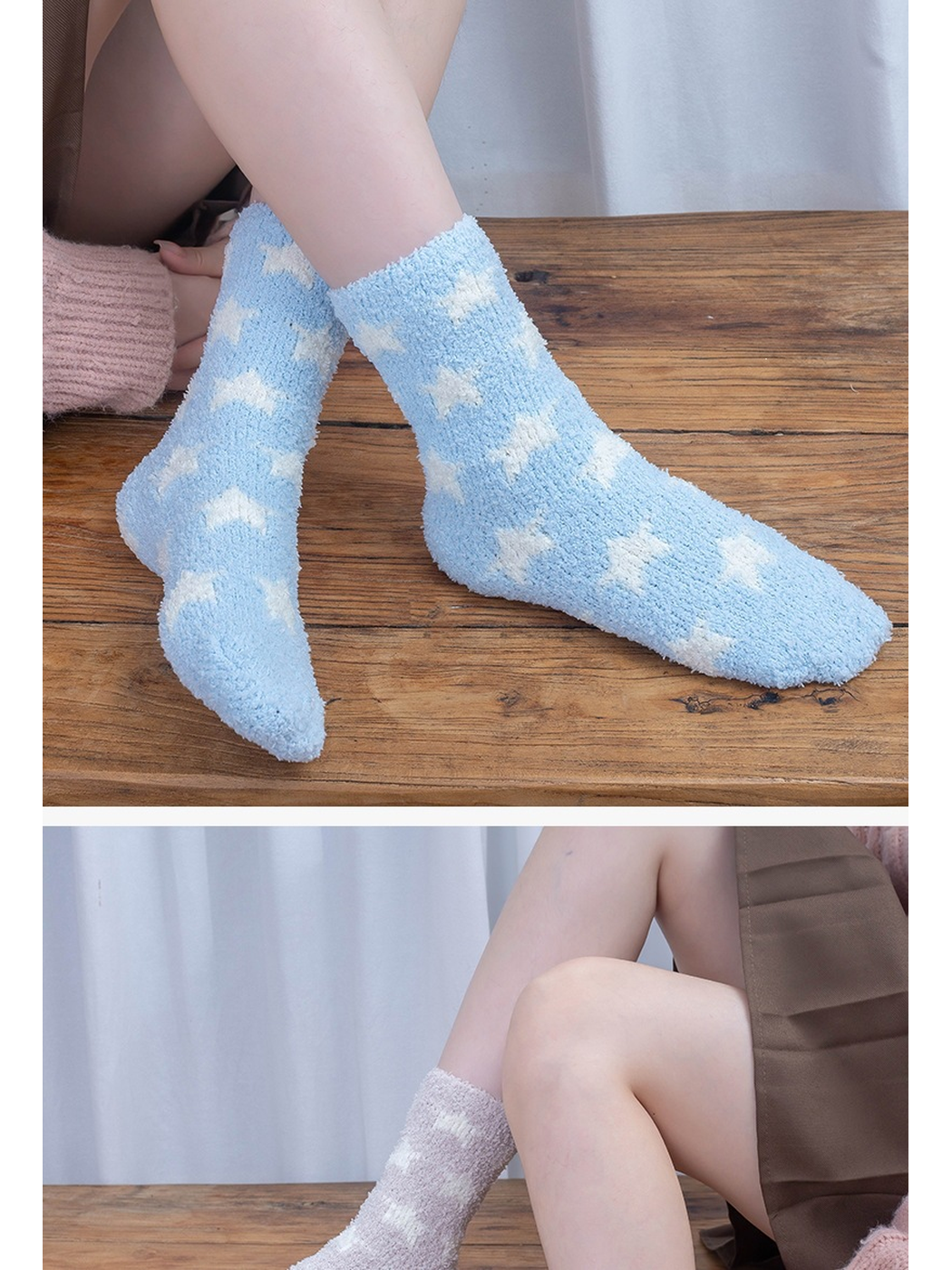 Light blue and pale purple star socks worn on a wooden bench