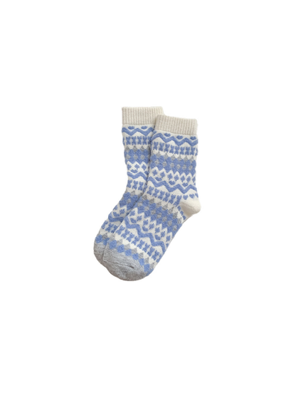 Blue, gray and cream crew socks with a geometric pattern