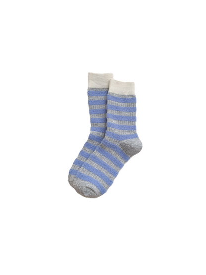 Blue and gray horizontal striped crew socks with cream cuffs