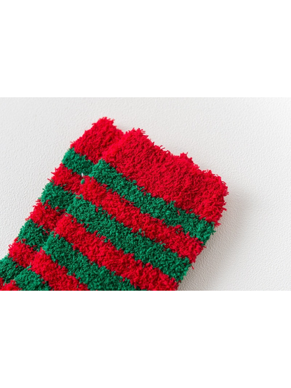 Close-up of the fuzzy red cuff and striped leg