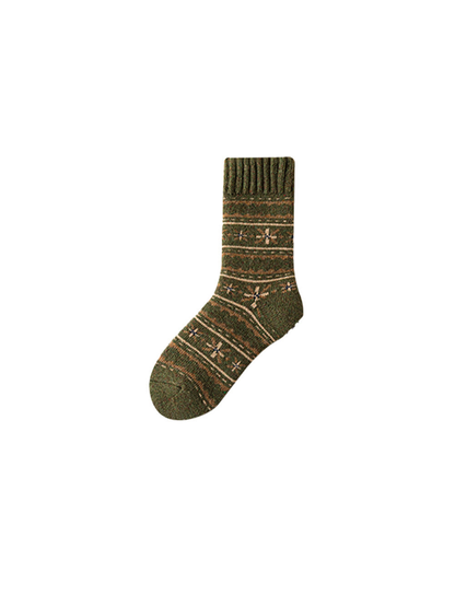 Dark green geometric-pattern crew sock on a white background