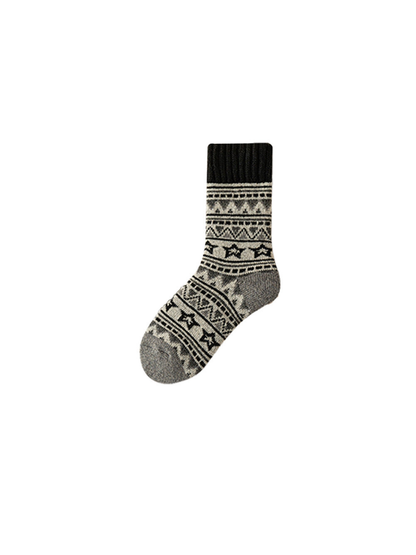 Gray and black geometric-pattern crew sock on a white background