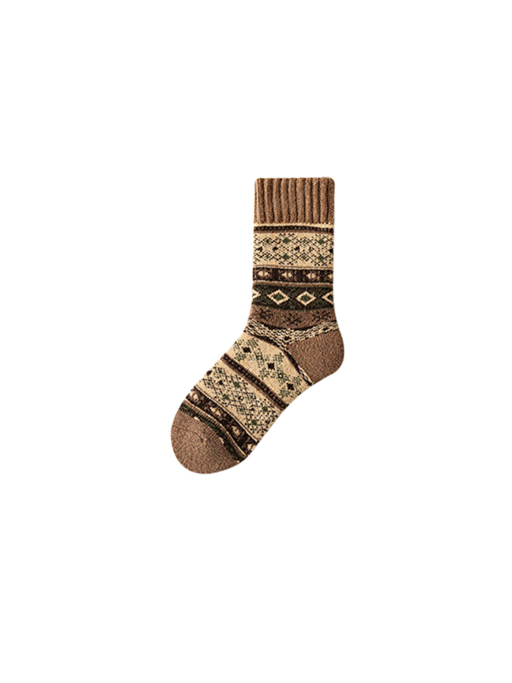 Brown geometric-pattern crew sock on a white background