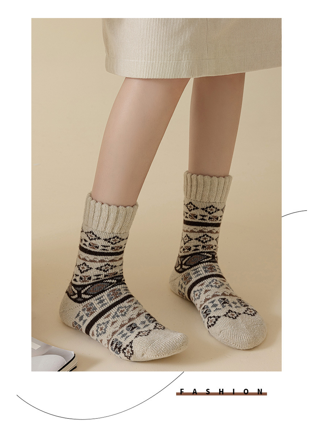 Ivory geometric-pattern crew socks worn with a neutral skirt