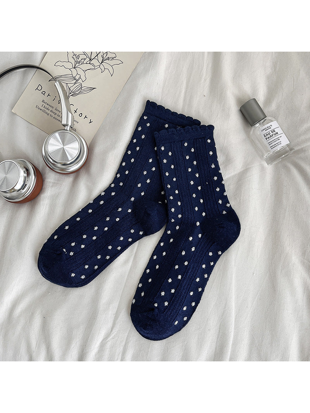 Navy dotted crew socks with textured vertical panels