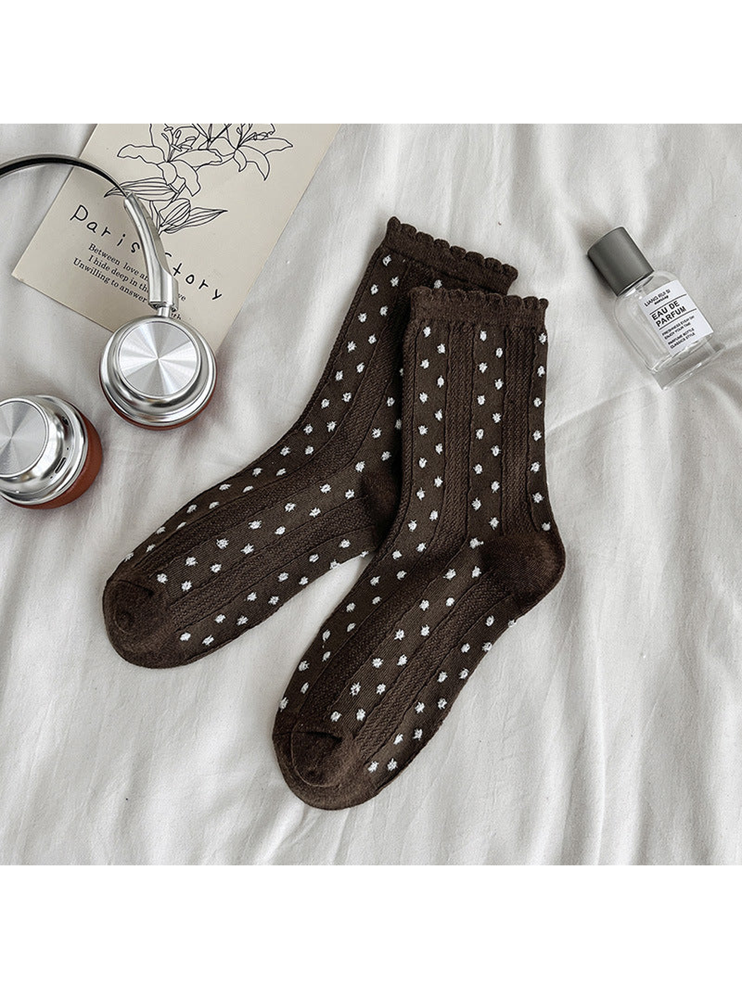 Brown dotted crew socks with textured vertical panels