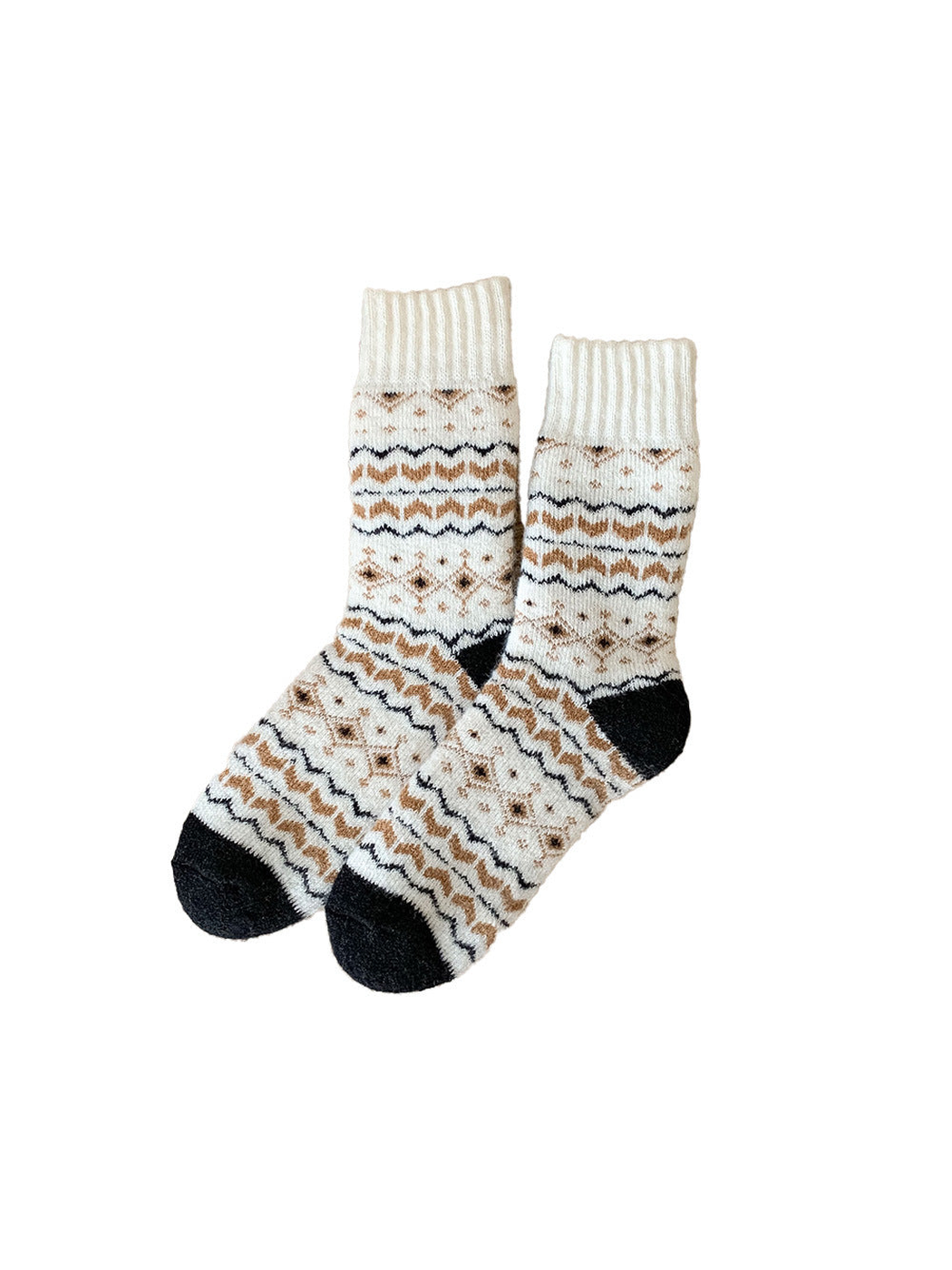 White geometric crew socks with black toes and heels