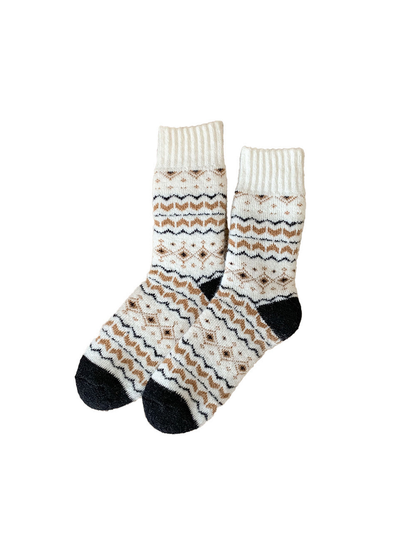 White geometric crew socks with black toes and heels