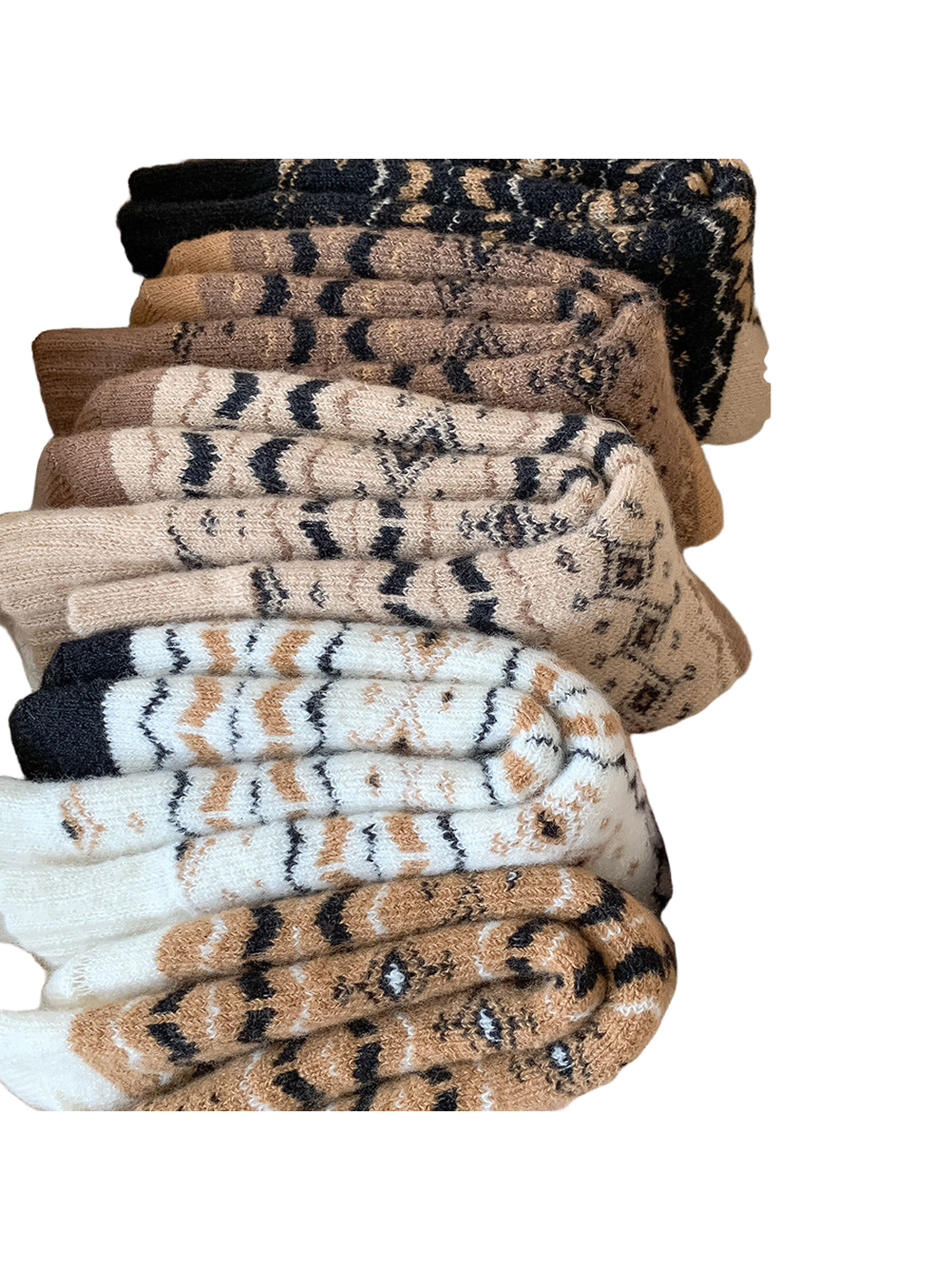 Assorted geometric crew socks stacked together