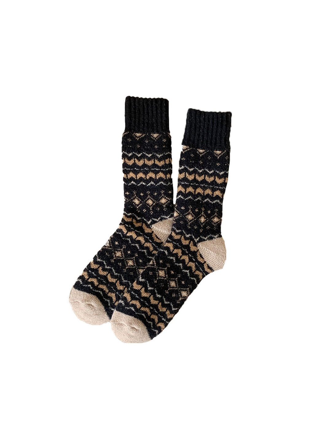 Black geometric crew socks with contrasting beige heels and toes