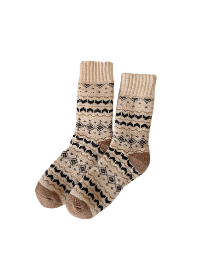Beige geometric crew socks with contrasting brown heels and toes