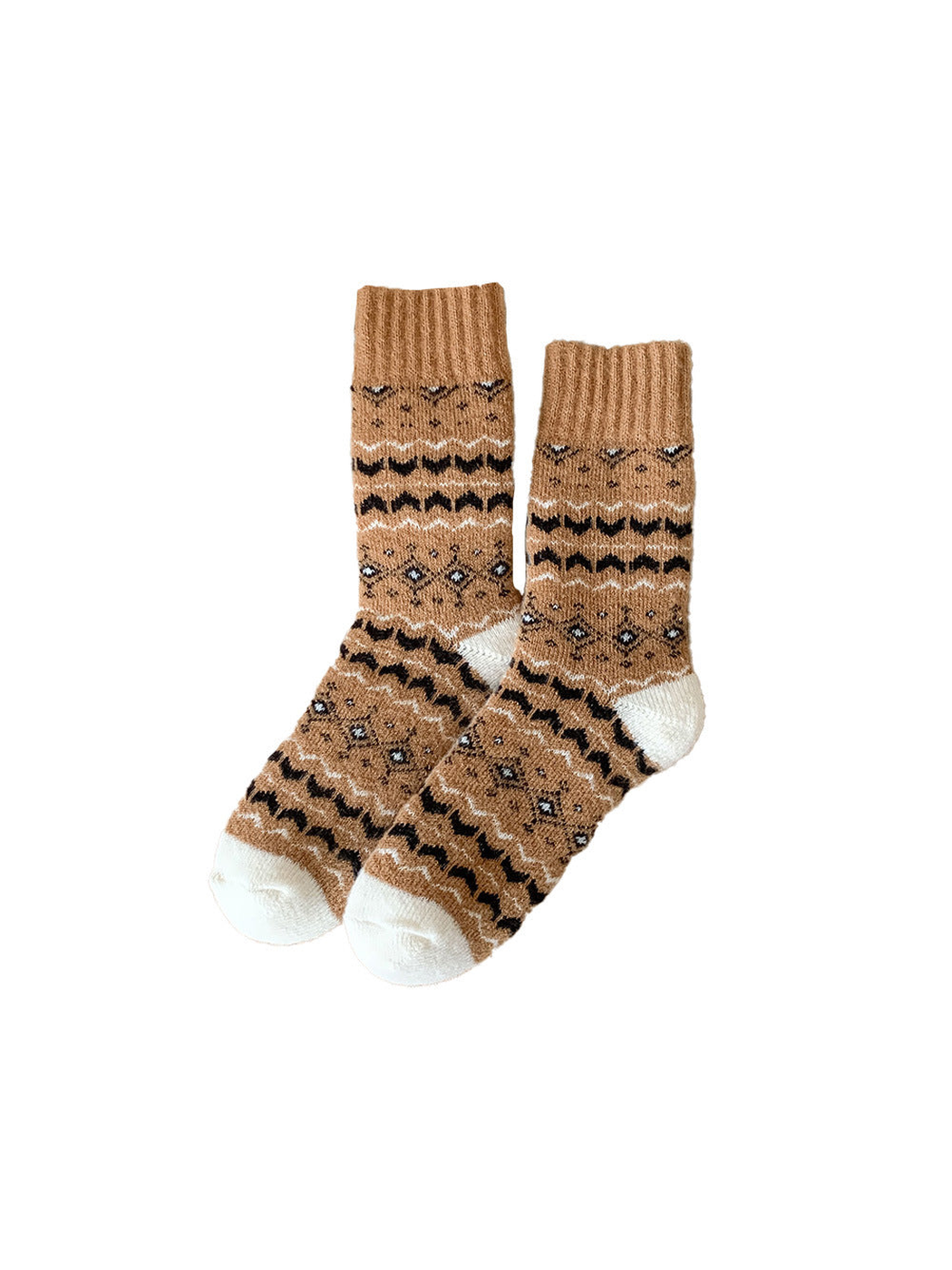 Camel geometric crew socks with contrasting ivory heels and toes