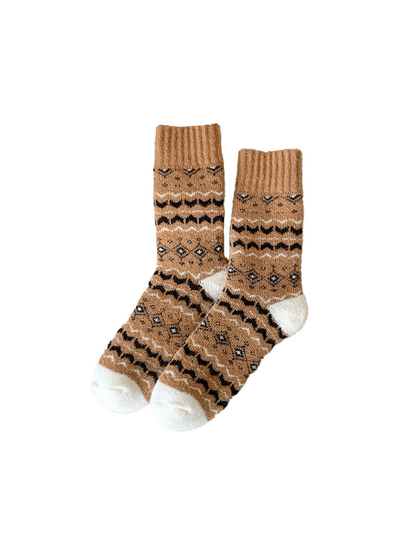 Camel geometric crew socks with contrasting ivory heels and toes