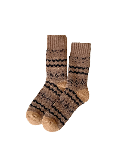 Brown geometric crew socks with tonal heels and toes